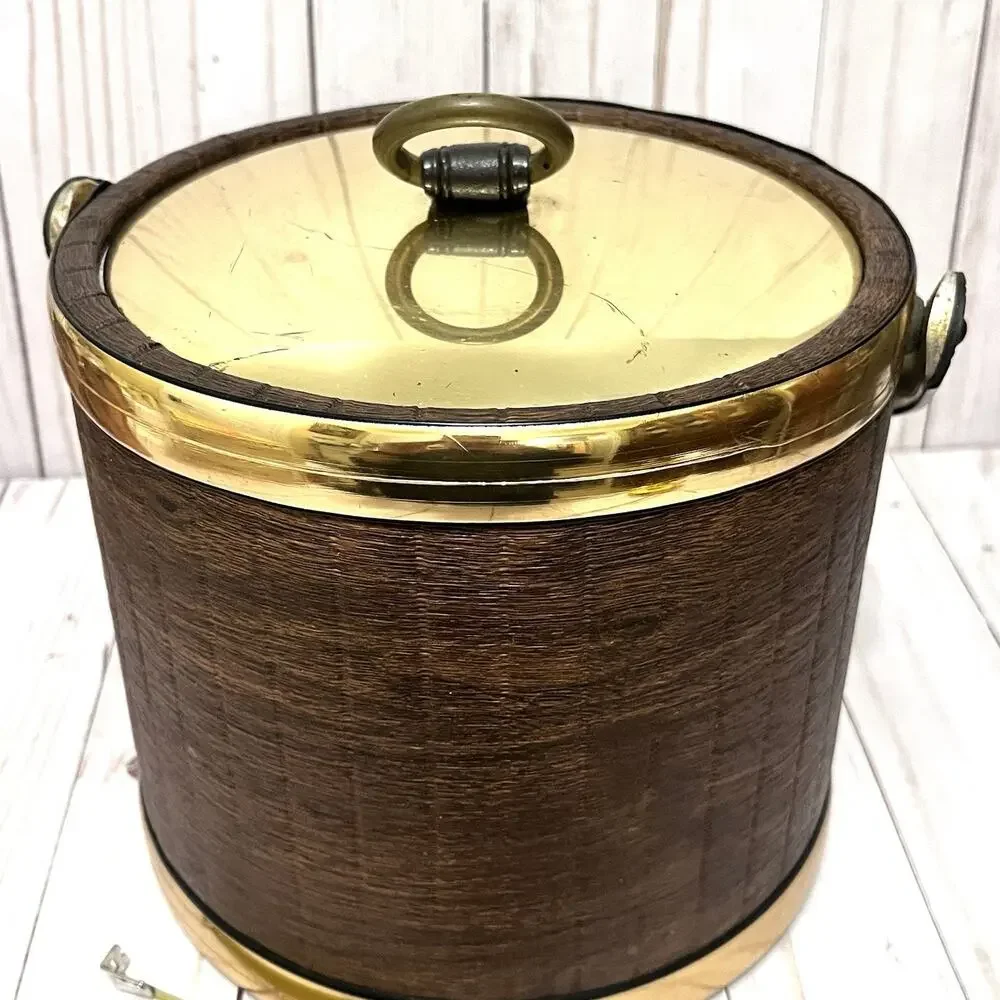 MCM Vintage 70's Kraftware Ice Bucket Brown & Gold Vintage Barware